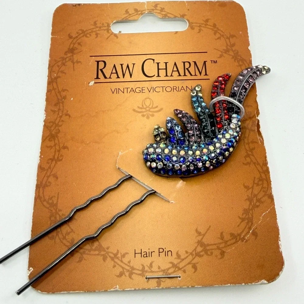 Vintage Raw Charm Victorian Multicolor Rhinestone Wing Hair Pin Gunmetal Tone